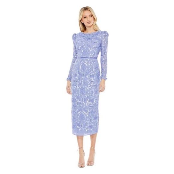 NWT MAC DUGGAL 93595 Periwinkle Floral Sequin Embellished High Neck Dress Womens - Picture 1 of 12